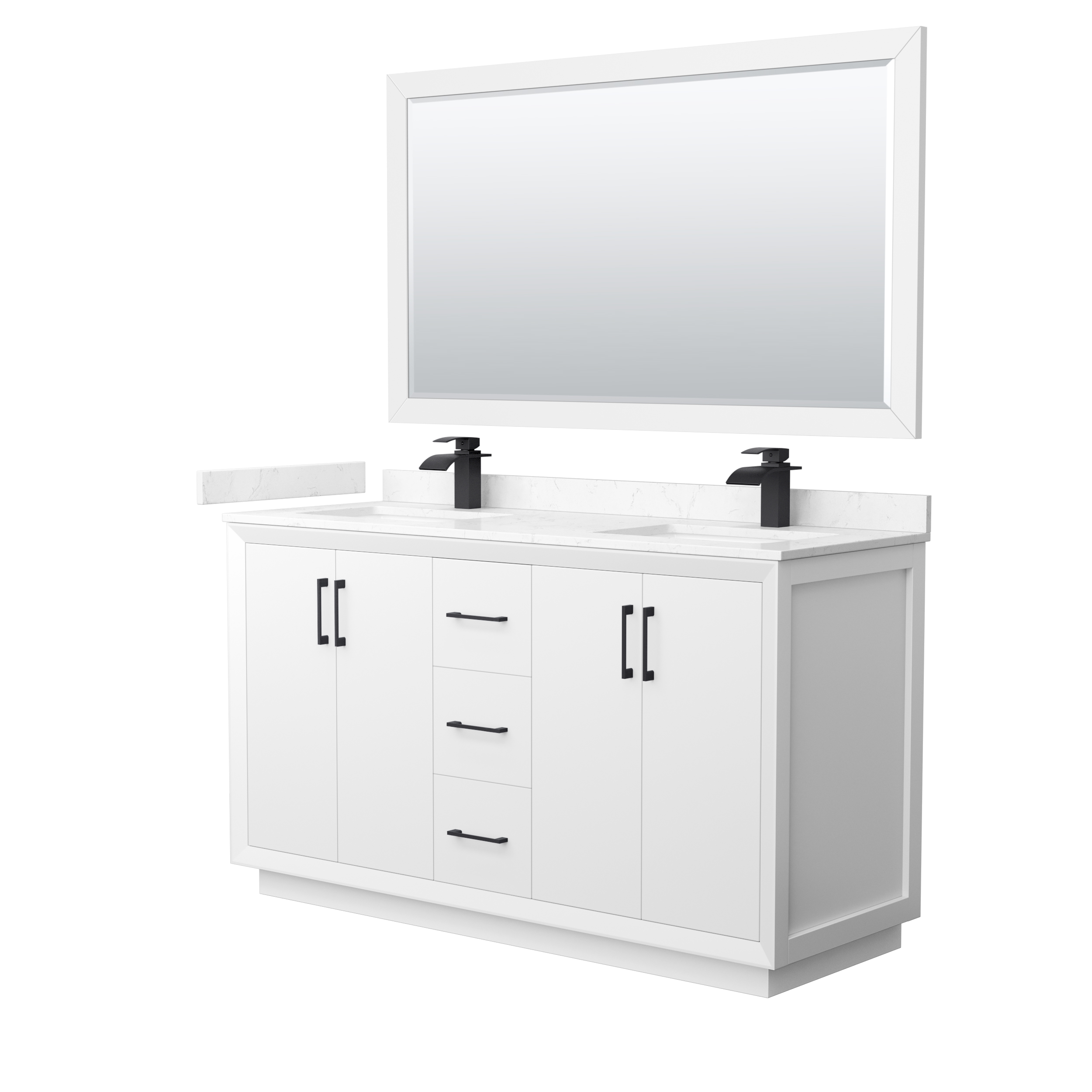 60" Transitional Double Vanity Base in White, 3 Top Option, with 3 Hardware Options and Mirror Option