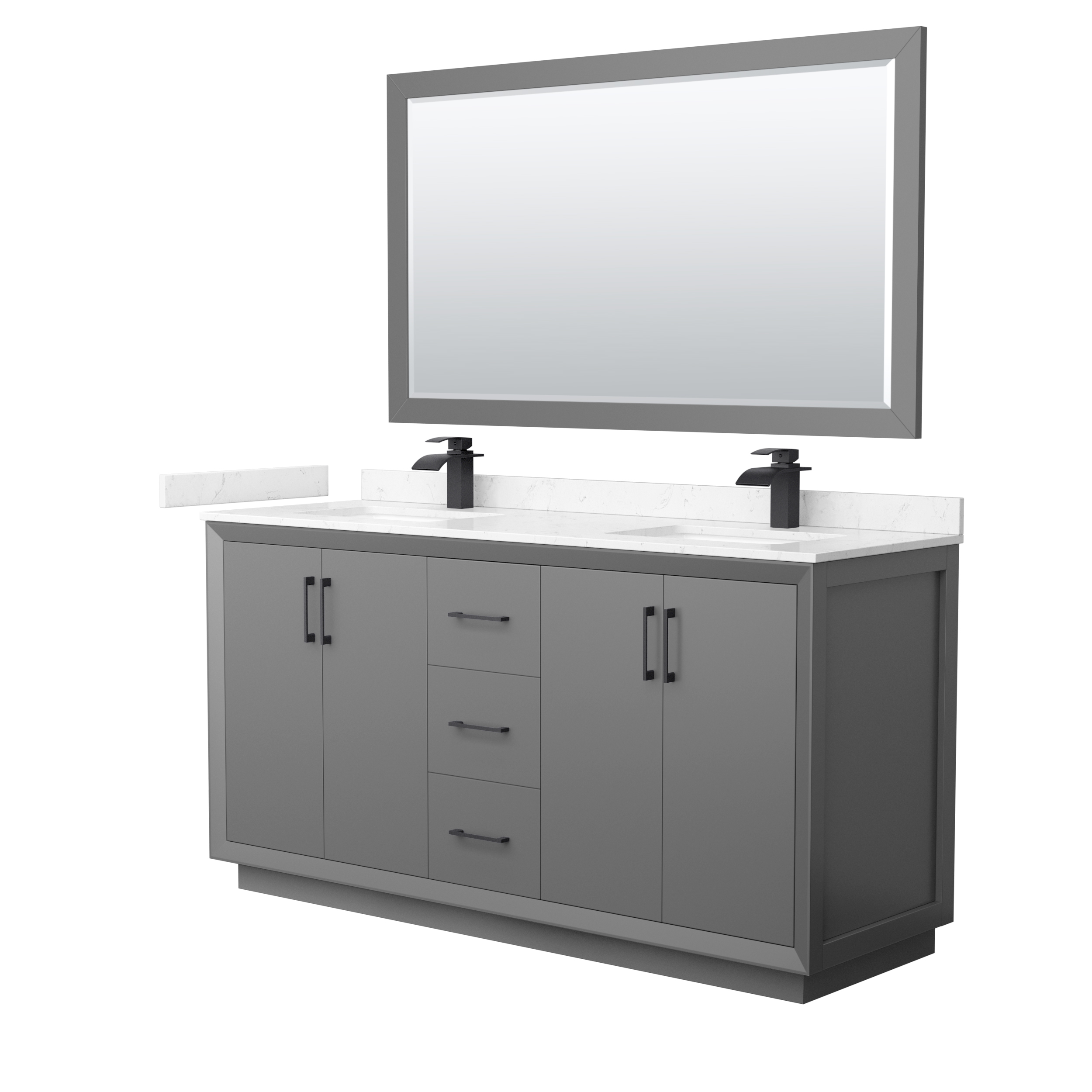 66" Transitional Double Vanity Base in Dark Grey, 3 Top Option, with 3 Hardware Options and Mirror Option
