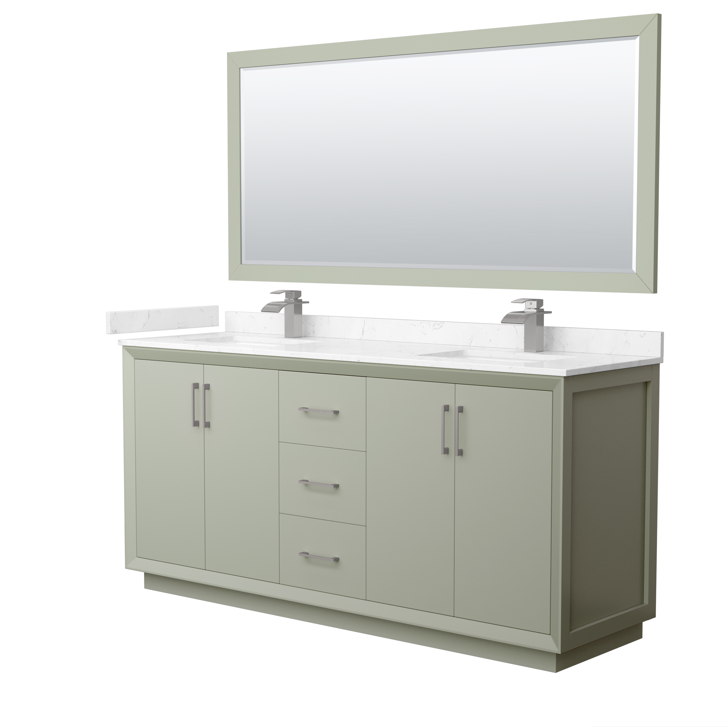 72" Transitional Double Vanity Base in Light Green, 3 Top Options, with 3 Hardware Options and Mirror Option