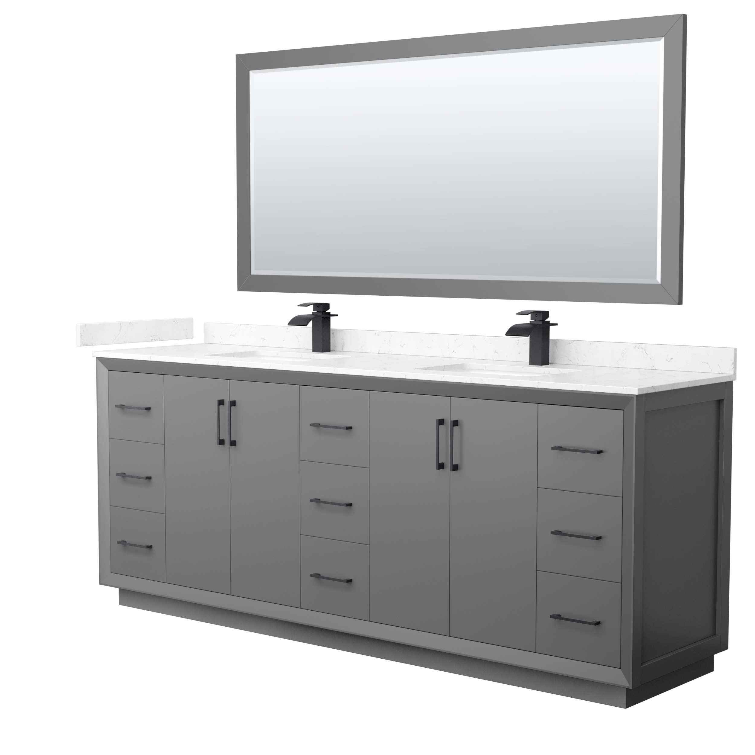 84" Transitional Double Vanity Base in Dark Grey, 3 Top Option, with 3 Hardware Options and Mirror Option