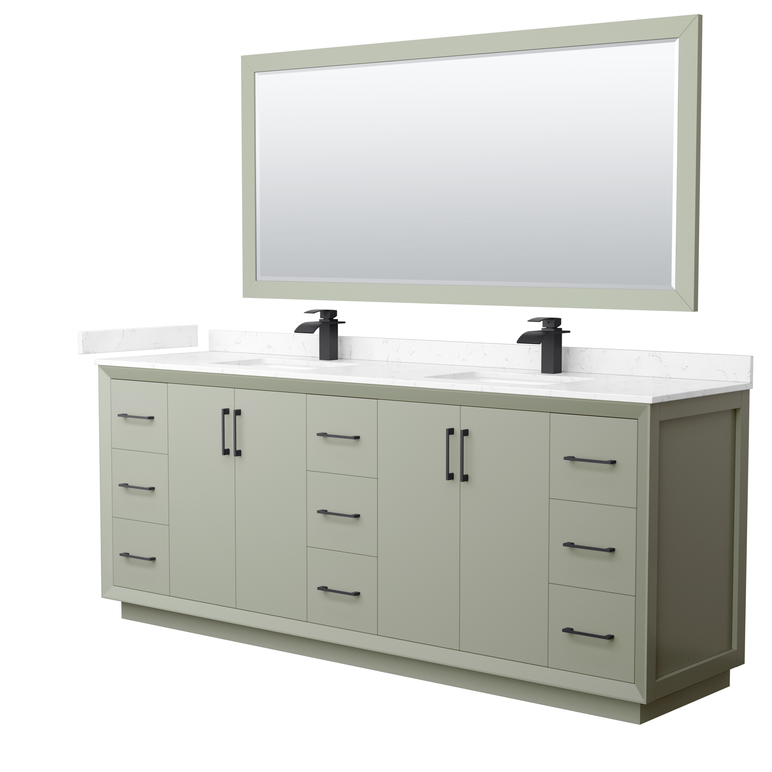84" Transitional Double Vanity Base in Light Green, 3 Top Option, with 3 Hardware Options and Mirror Option