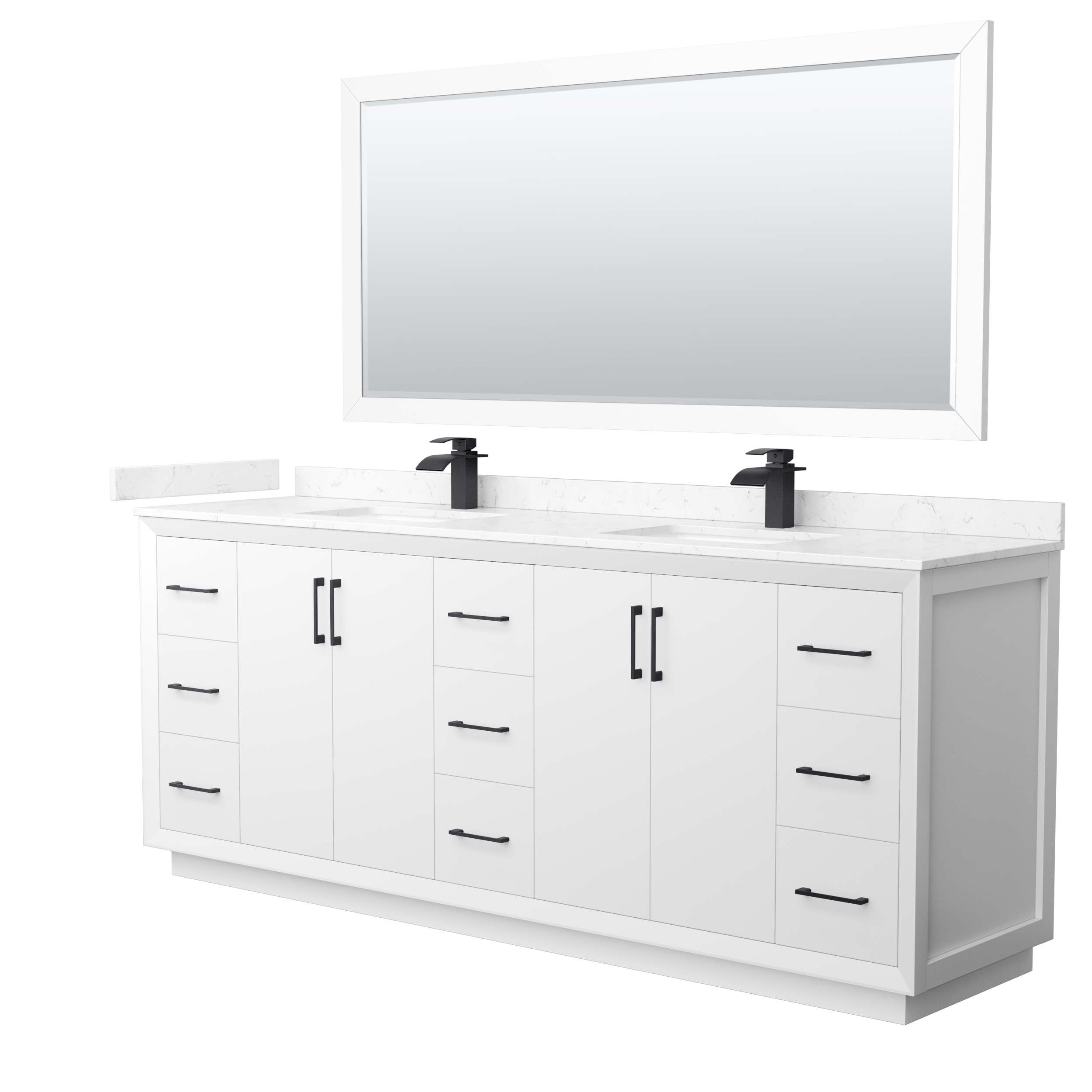 84" Transitional Double Vanity Base in White, 3 Top Option, with 3 Hardware Options and Mirror Option