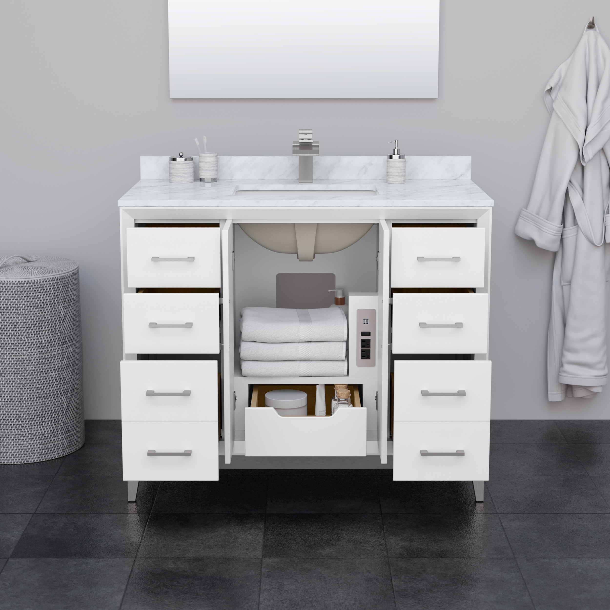 42 Inch Single Bathroom Vanity in White with Countertop Options and Hardware Options