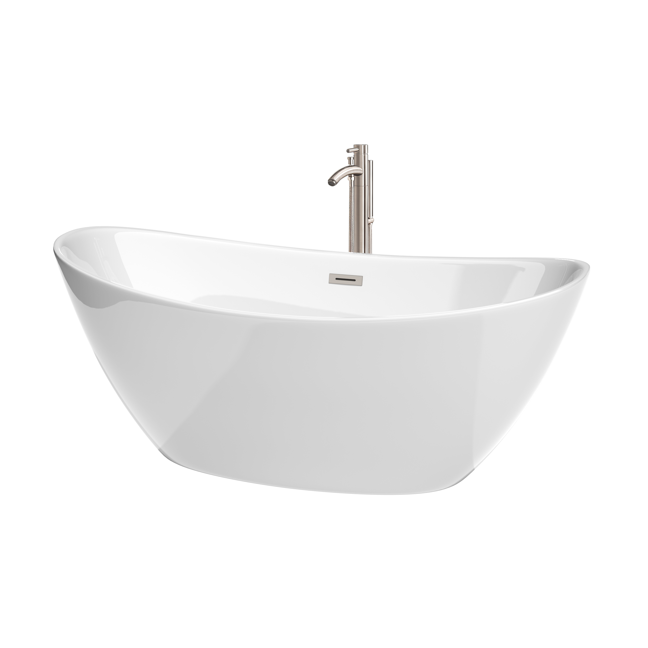 Modern Fitting 66 Inch Freestanding Bathtub in White with Floor Mounted Faucet, Drain and Overflow Trim Options and Hardware Options