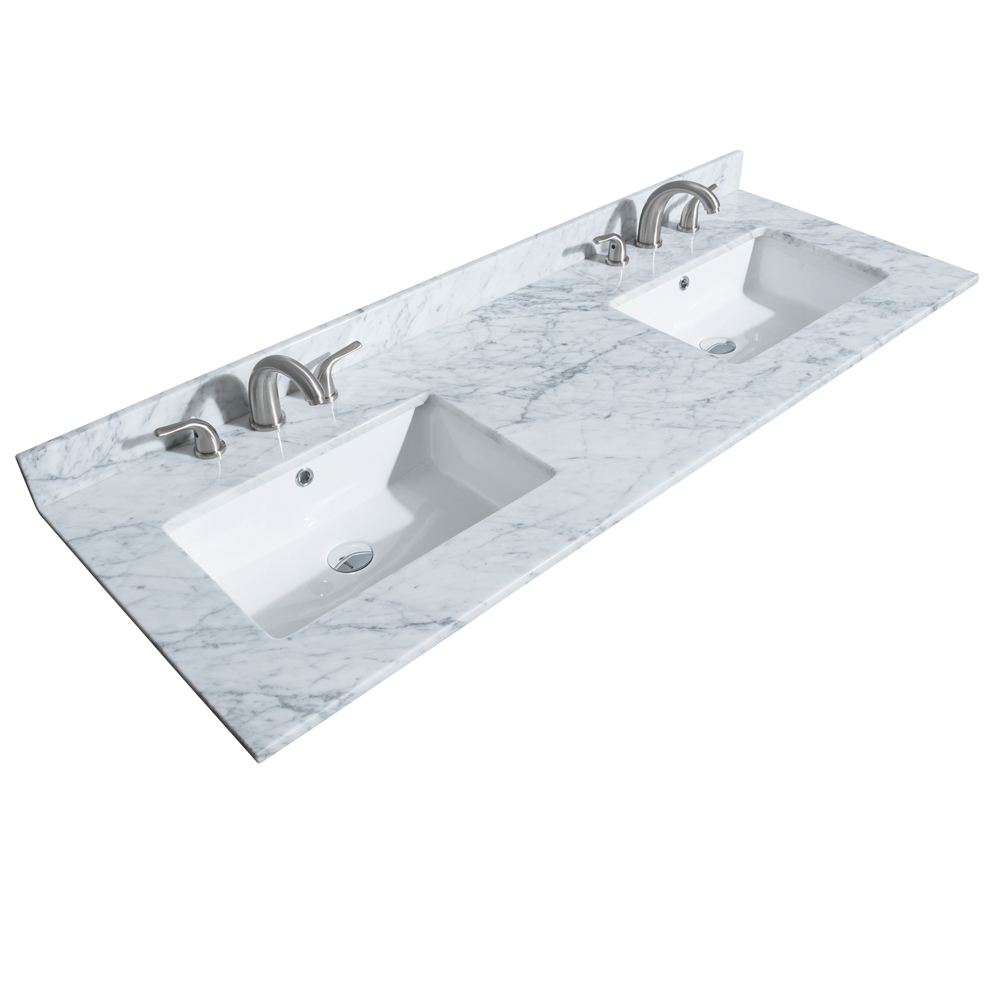 60" Double Countertop - White Carrara Marble with Undermount Square Sinks (3-Hole) WCHVCA360DTOPUNSCW