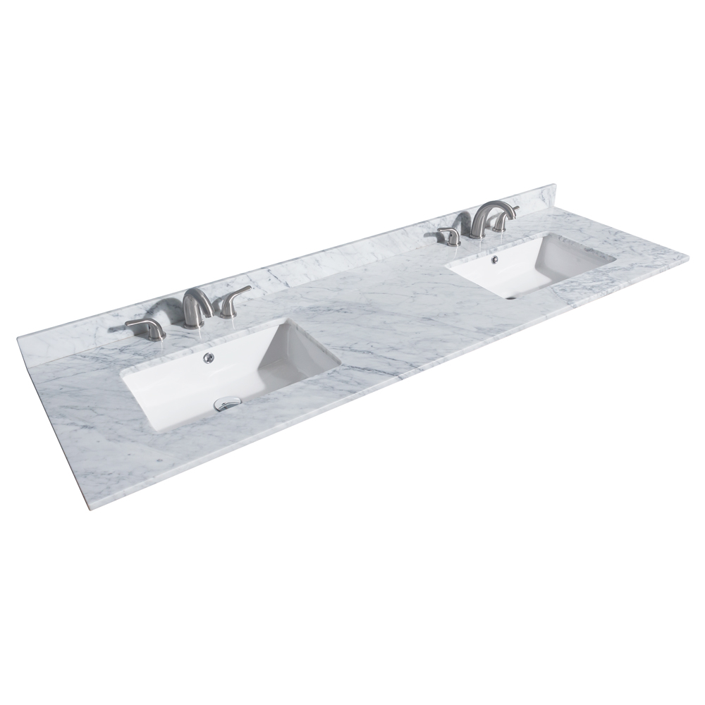 72" Double Countertop - White Carrara Marble with Undermount Square Sinks (3-Hole) WCHVCA372DTOPUNSCW