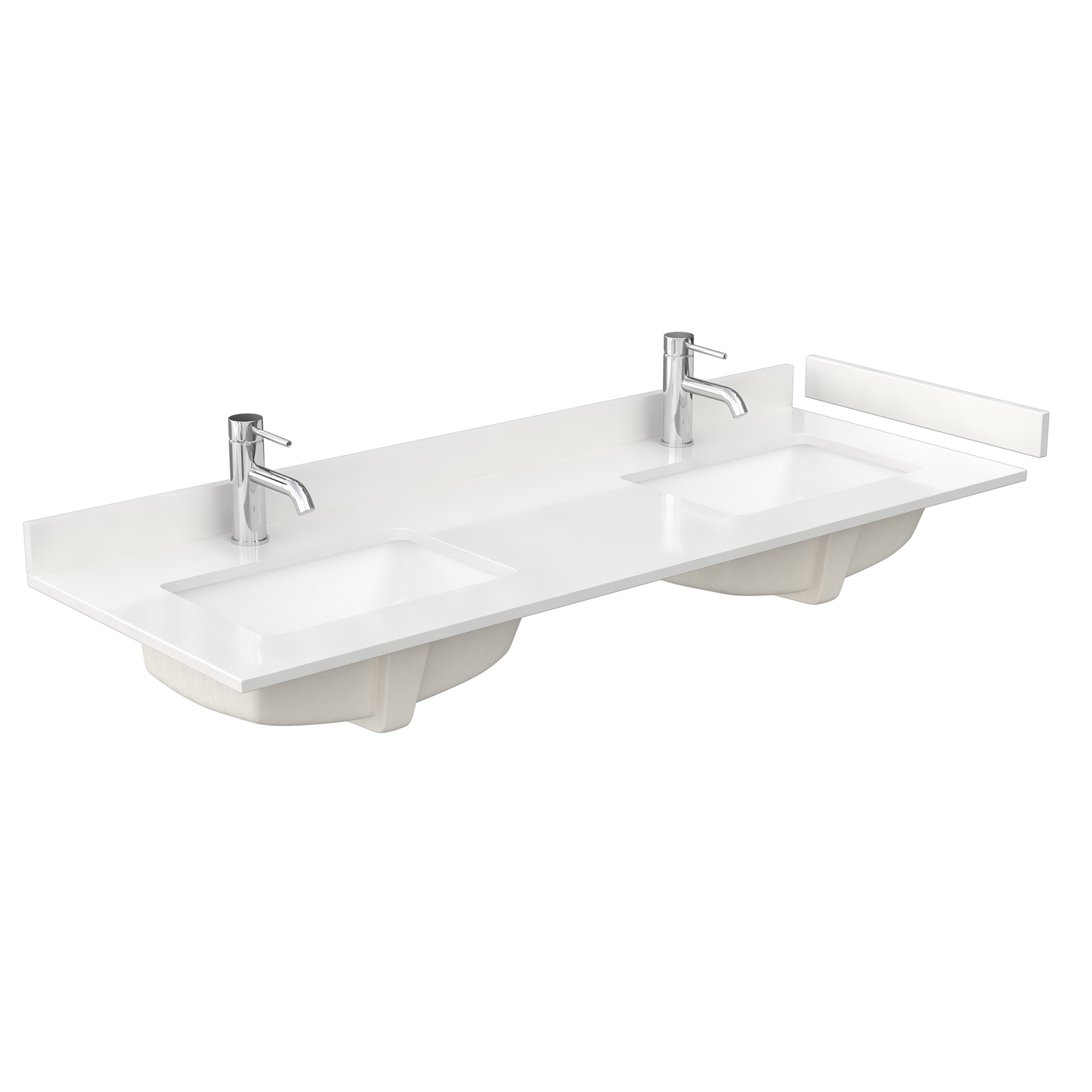 60" Double Countertop - White Quartz (1000) with Undermount Square Sinks (1-Hole) - Includes Backsplash and Sidesplash WCFQC160DTOPUNSWQ