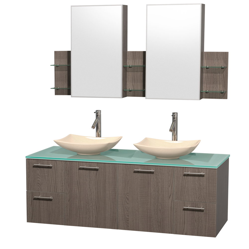 Amare 60 Wall Mounted Double Bathroom Vanity Set With Vessel Sinks Gray Oak